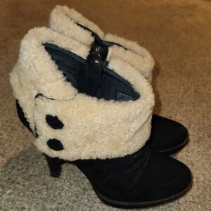UGG Black Suede Ankle Boots with Cream Faux-Shearling Cuff